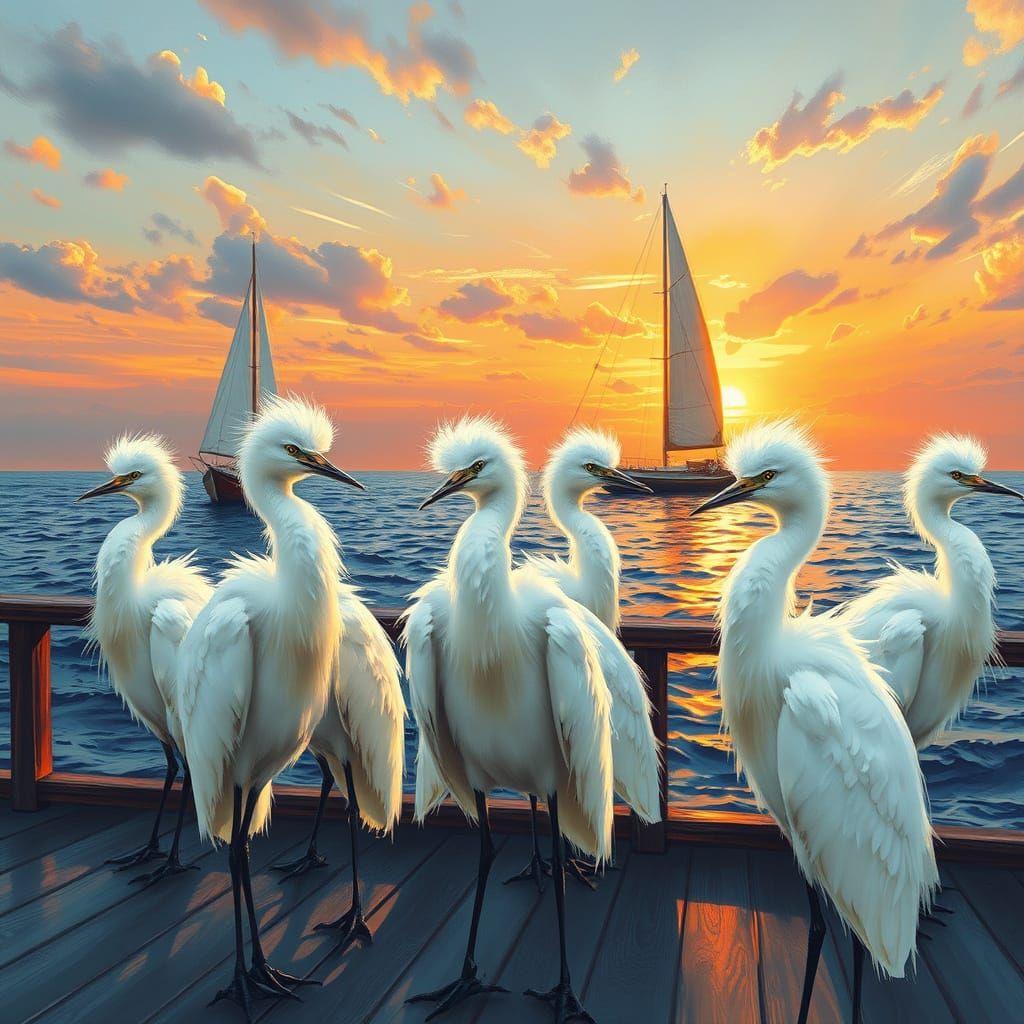 Elegant Snowy Egrets on a Sunset Sailboat Deck