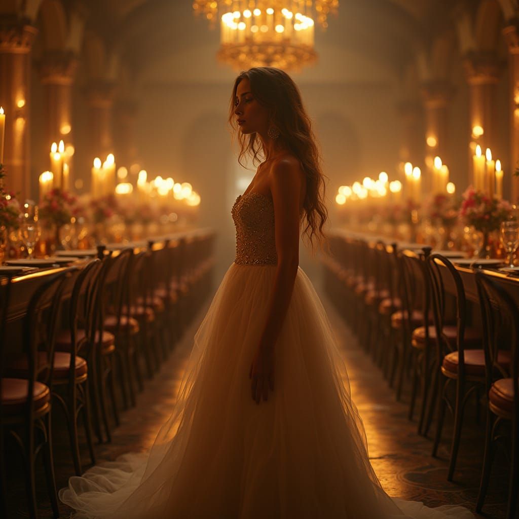 Elegant Maiden at Lavish Candlelit Banquet