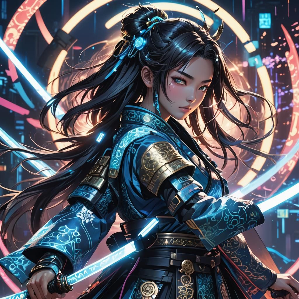Picture a graceful female samurai who has traveled through time, her traditional kimono now infused with high-tech enhan...