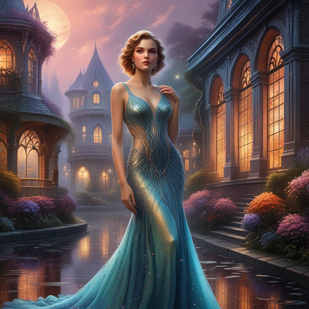 Surreal image of elegant woman dressed  rhinestones sequins