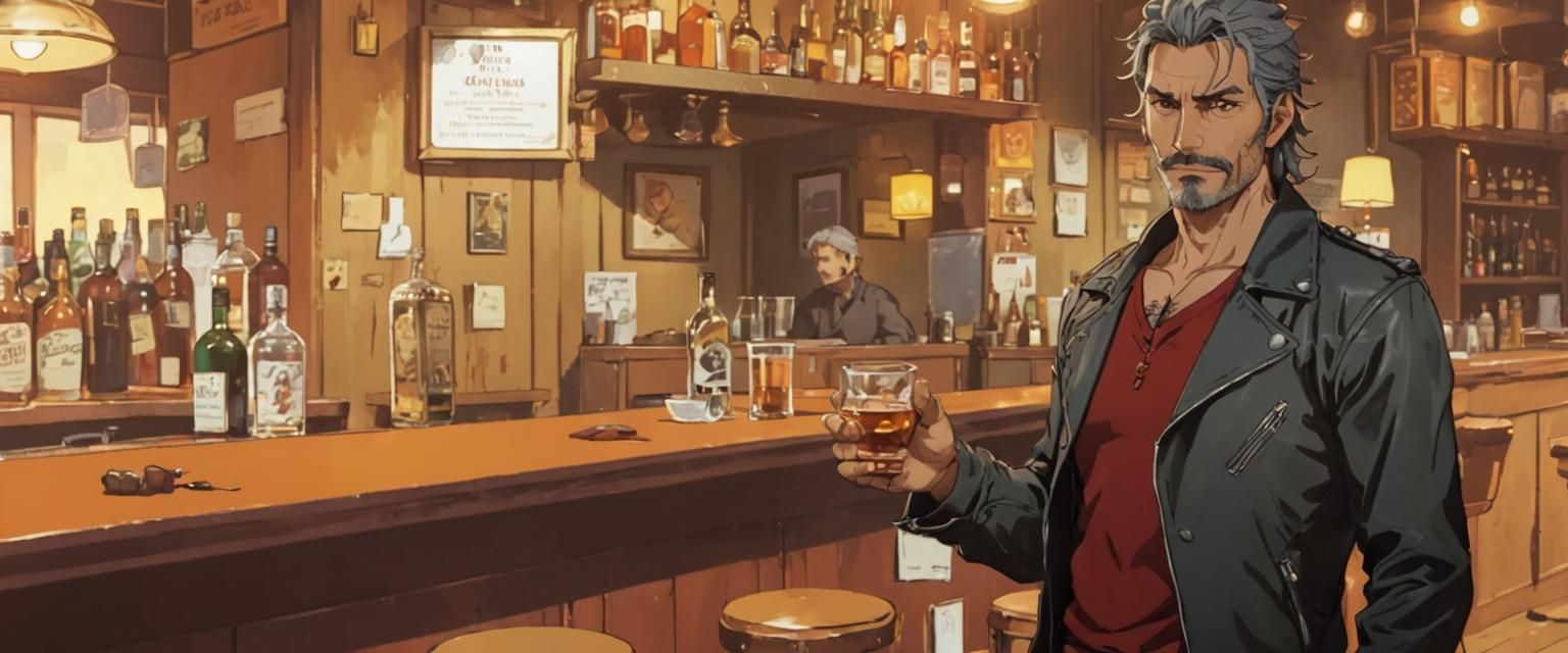 Anime Biker in Bar with Whisky, in Ash Thorp Style
