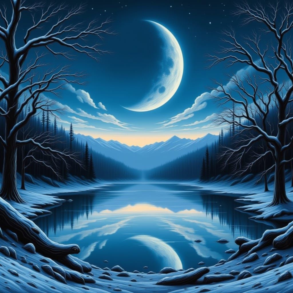 Crescent Moon Reflects Over Winter Lake