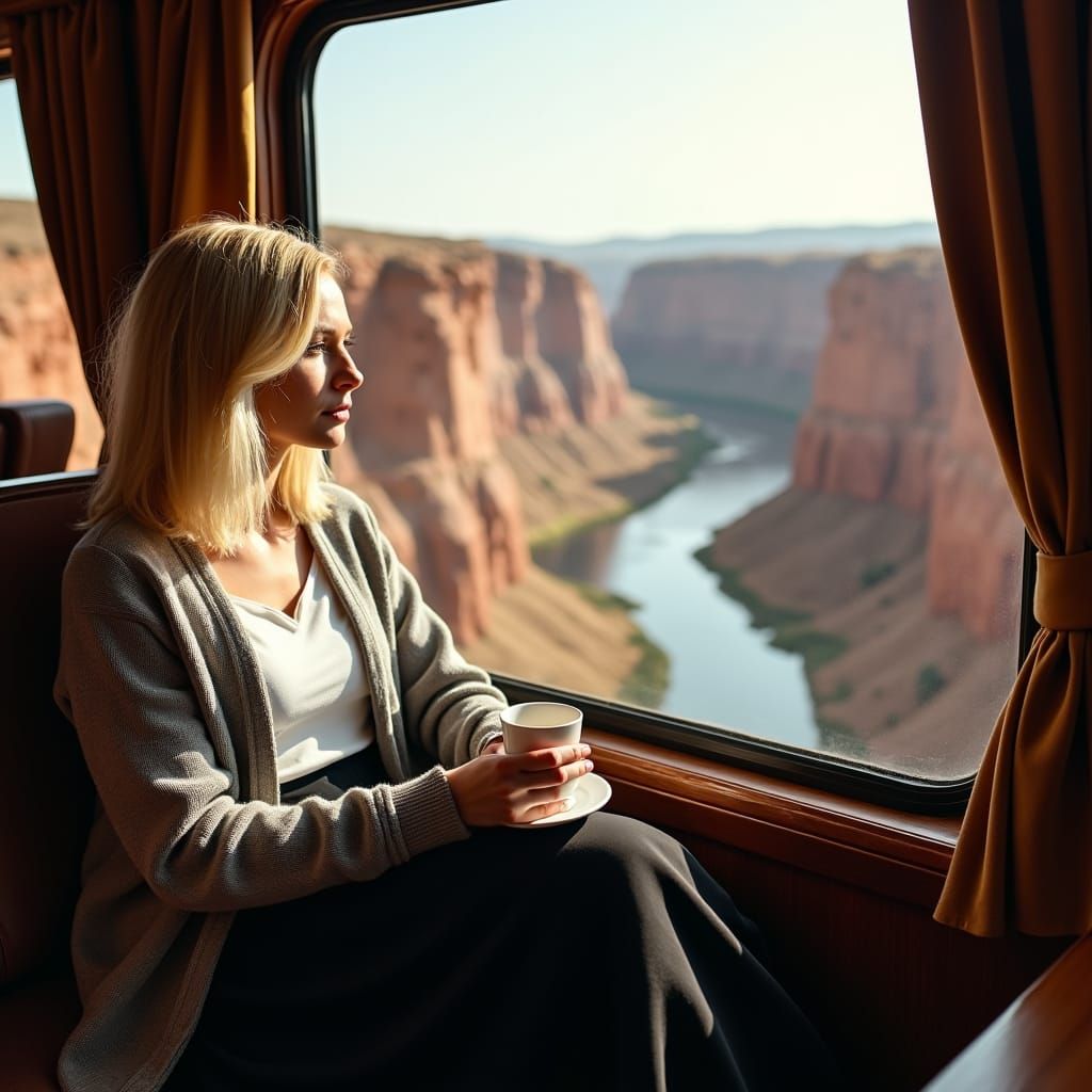 Woman in Train Gazing at Desert Canyon View