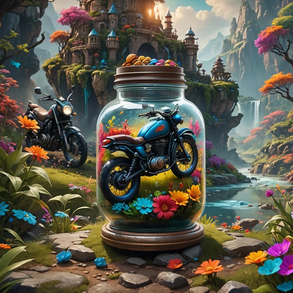 Motorbike in Fantasy Jar Amidst Colorful Landscape