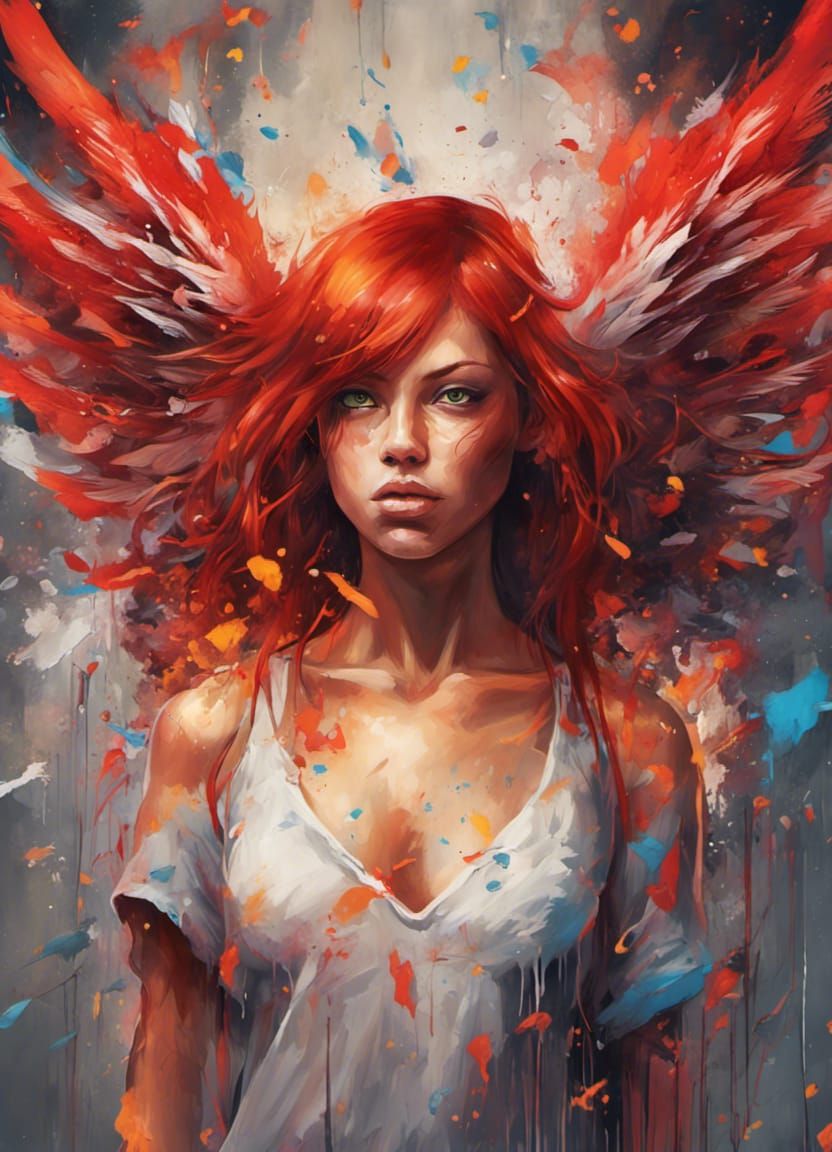 Fiery Winged Figure in Graffiti Splash Art