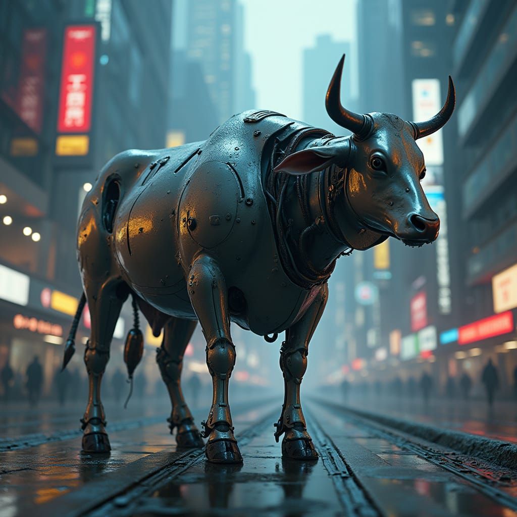 Cyborg Cow Looms in Neon-Lit Cityscape