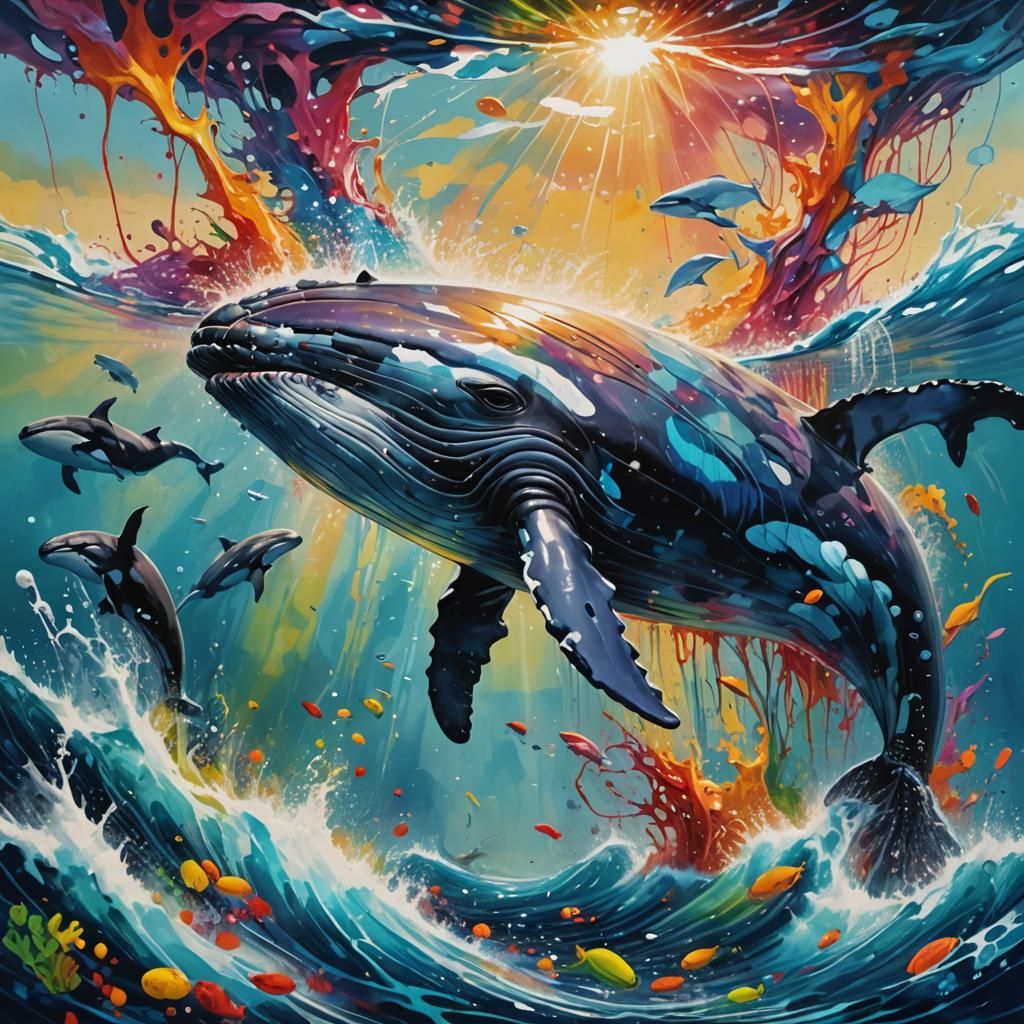 Colossal Whale in Sunlit Ocean, Hyperrealistic Splash Art