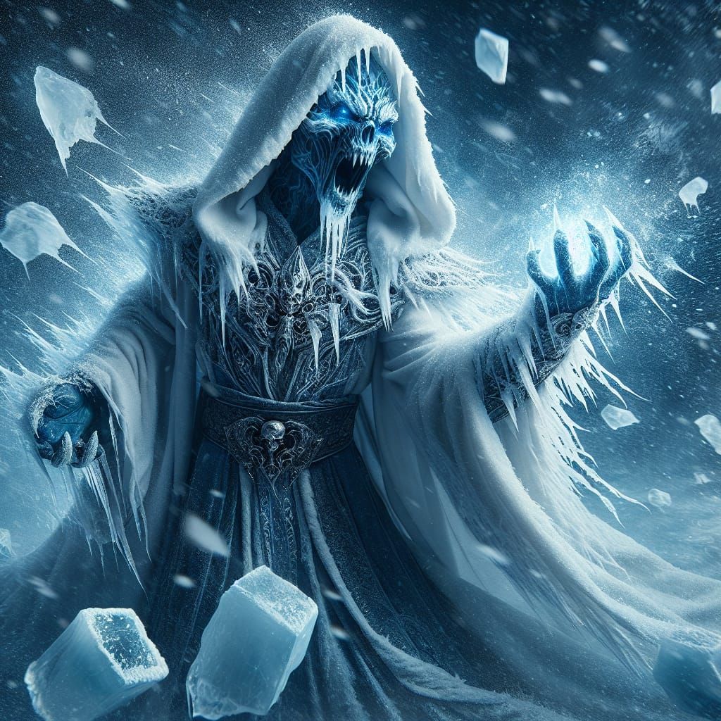 Ice Sorcerer Conjures Blizzard in Dark Fantasy Scene