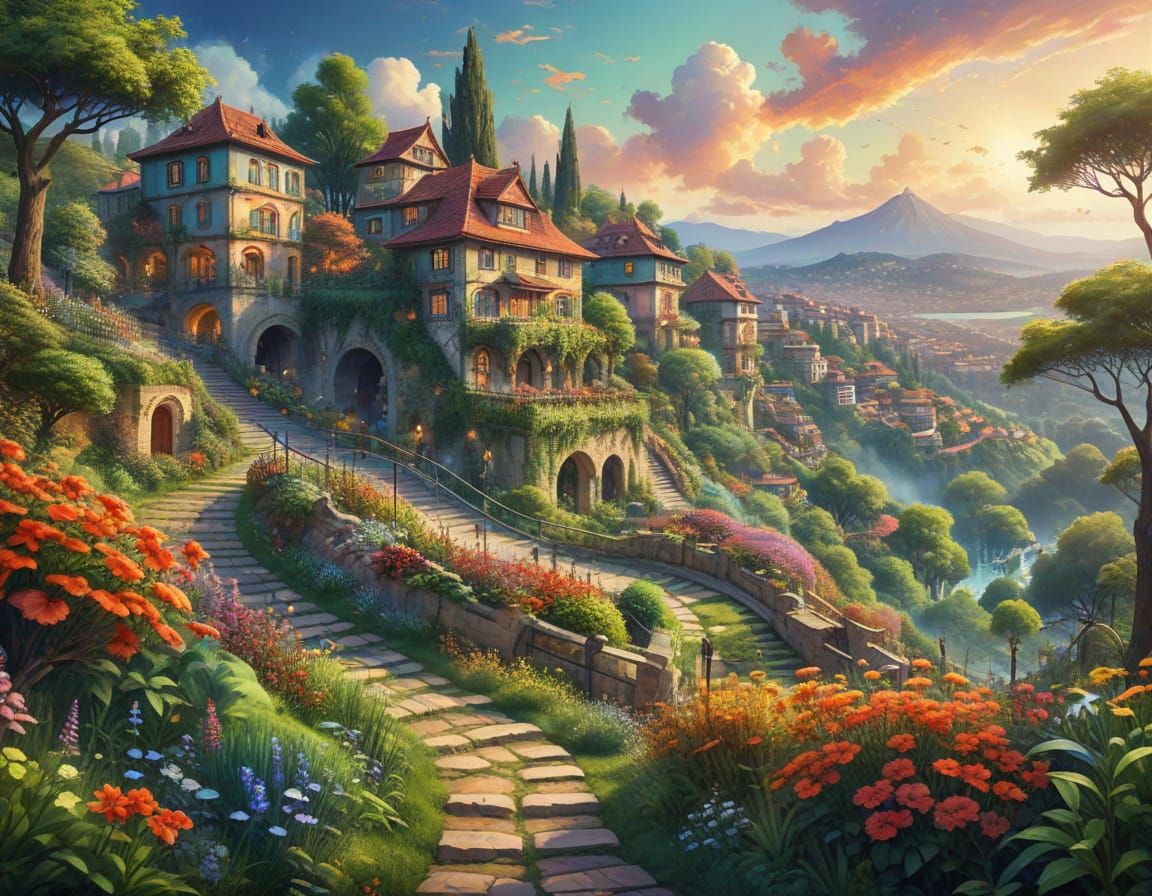 Surreal Utopian Oasis with Lush Gardens and Vibrant Colors