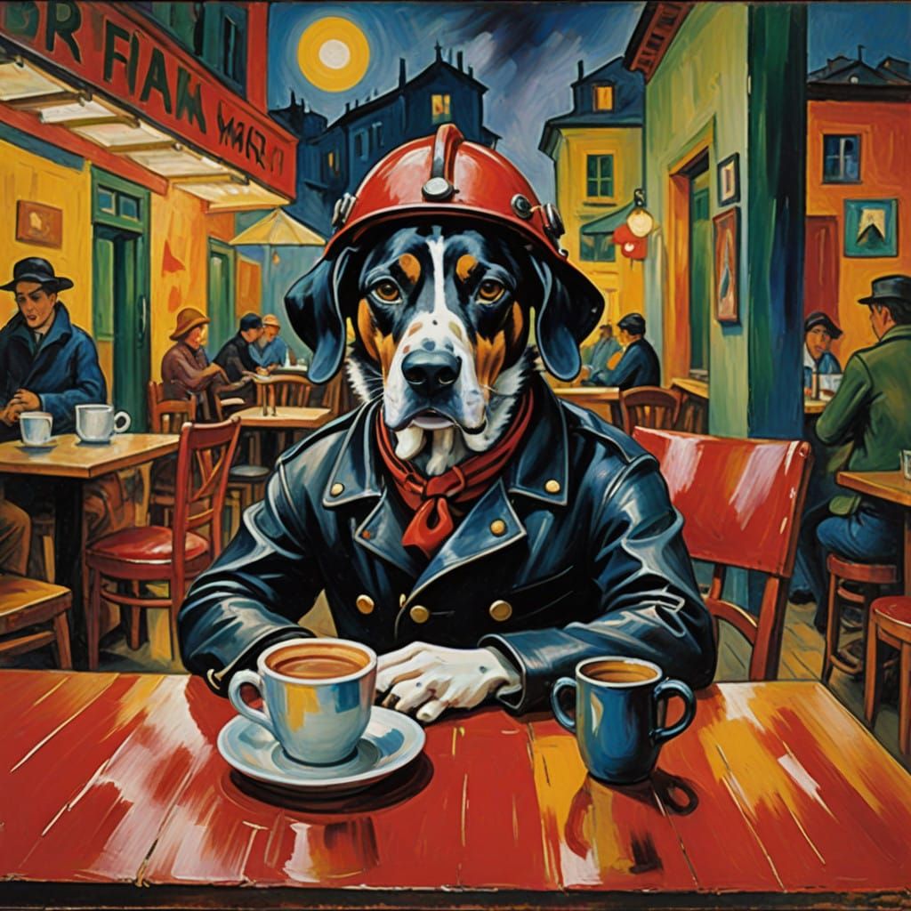 Dalmatian Firefighter Sits in a Smoky NightCafe
