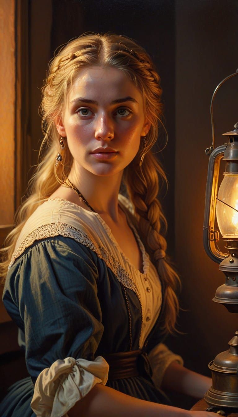 Woman Studying by Gas Lamp in Golden Hour Light