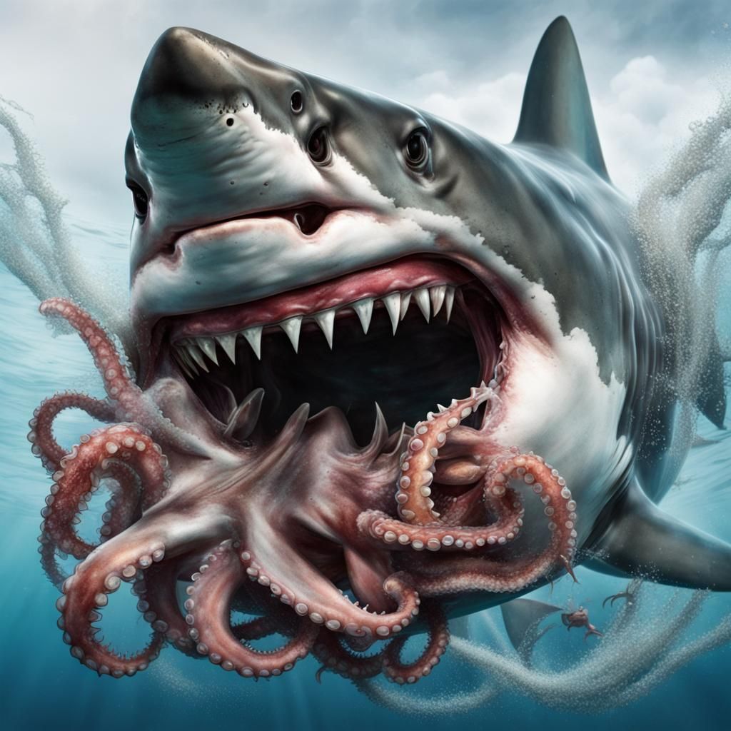 Realistic Image of Shark Swallowing Octopus