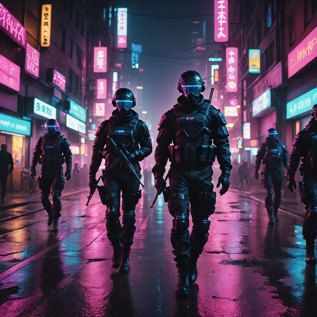 Neon-Drenched Special Ops in Cyberpunk Cityscape