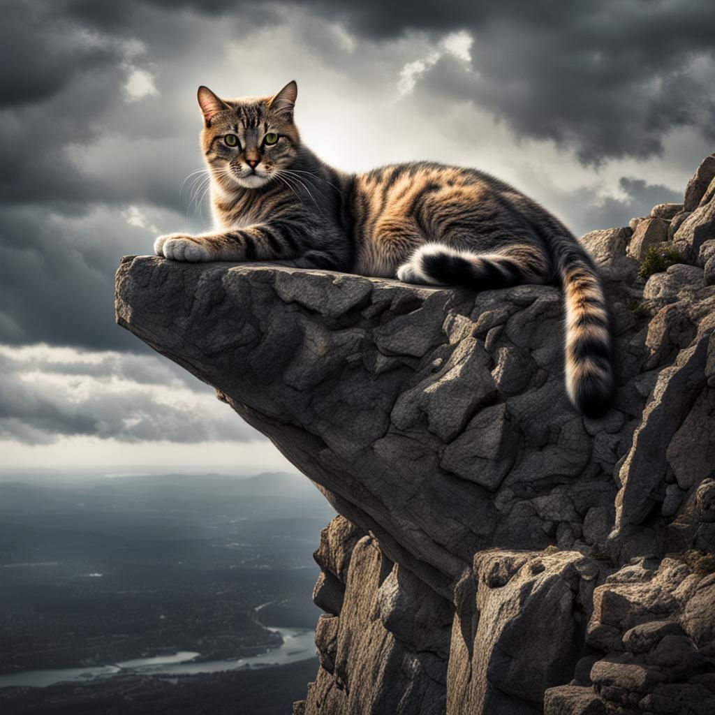 Sad Cat on a Cliff: Hyperrealistic Image