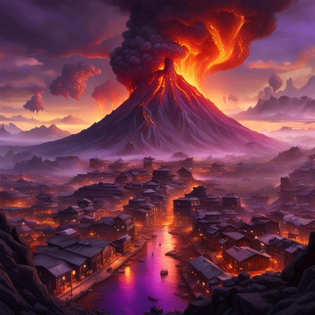 Volcanic Eruption Engulfs Modern Town in Dark Fantasy Art