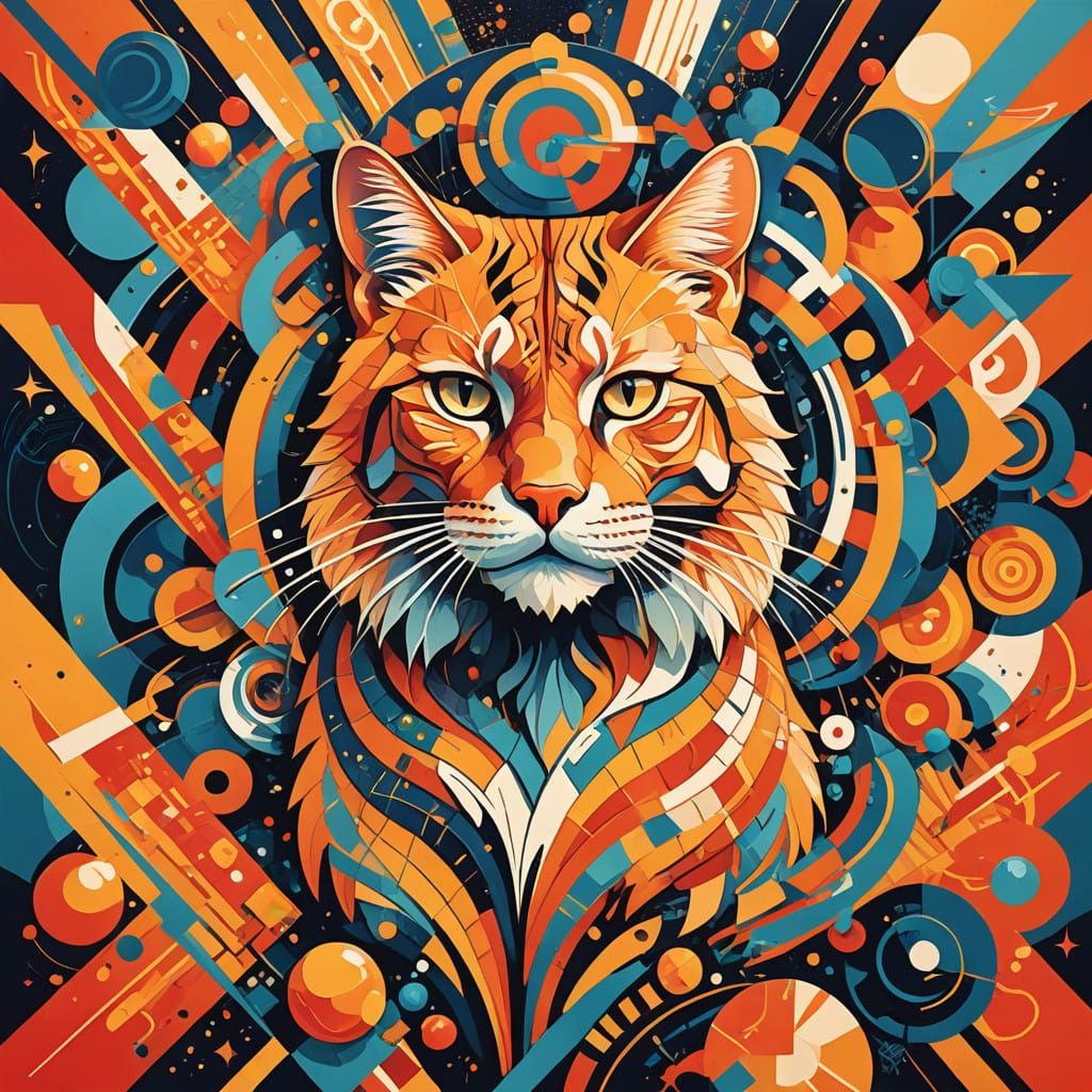 Vibrant Neo-Cubist Feline in Swirling Art Deco Dreamscape