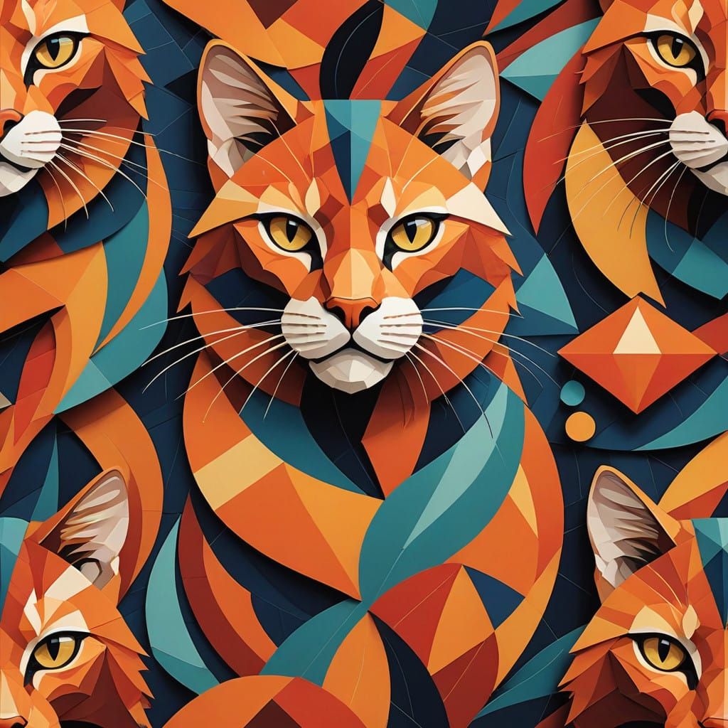 Stylized Cubist Feline in Vibrant, Dreamlike Landscape