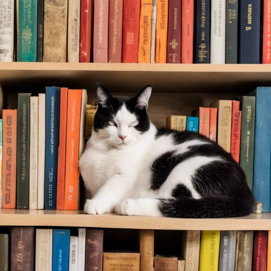 Cat Nap: A Feline Friend Sleeping on Bookshelf
