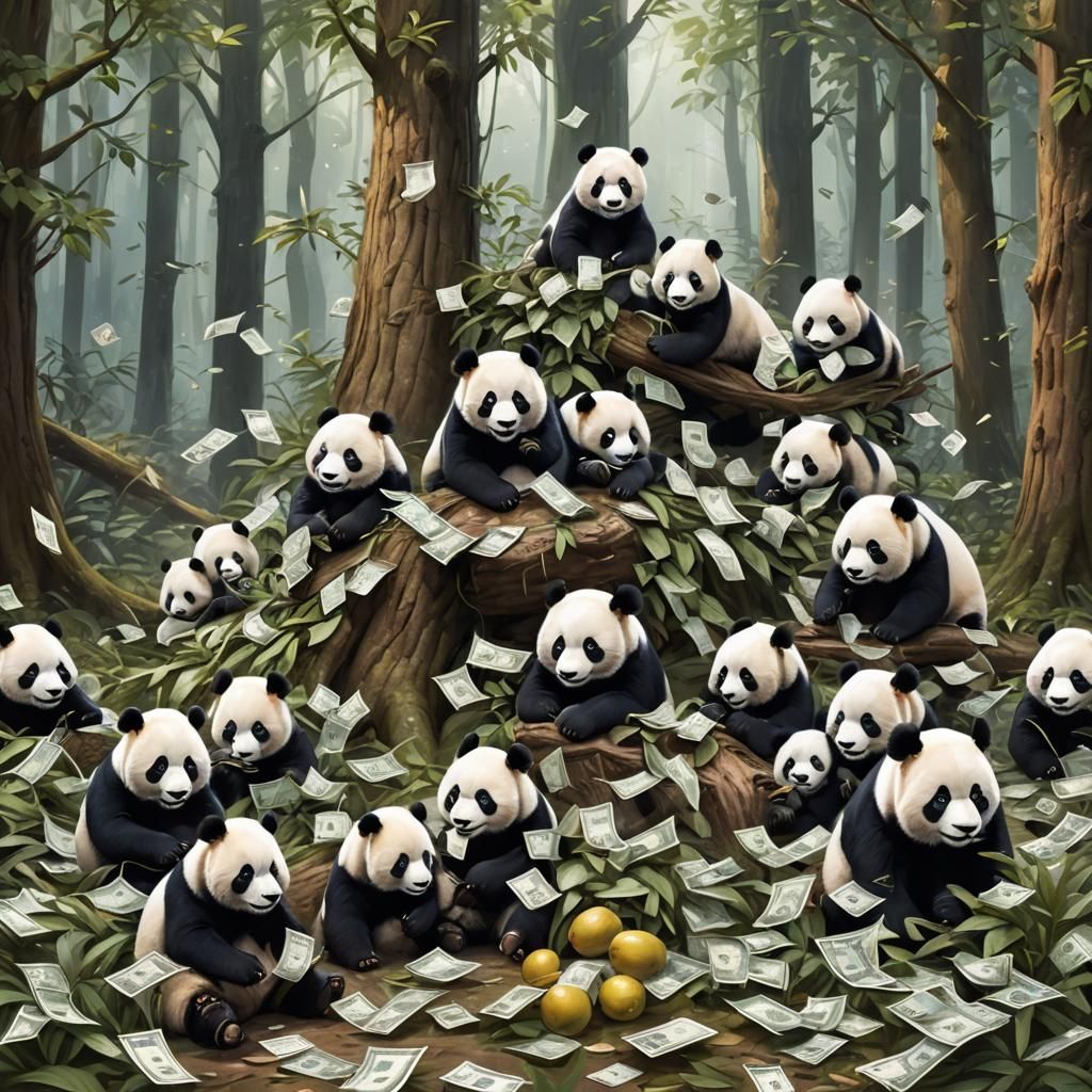 Pandas Discover Biting Cash Bag in Sci-Fi Forest