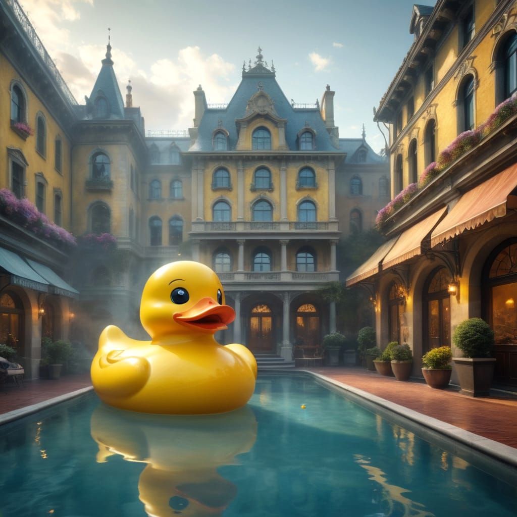 Giant Yellow Rubber Duck in an Art Nouveau City Pool