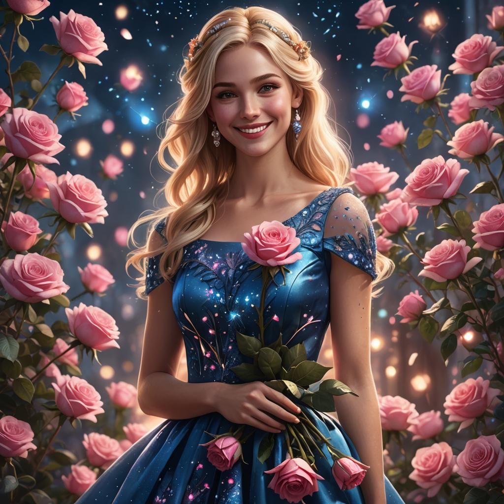 Blond Girl with Roses in Starlight