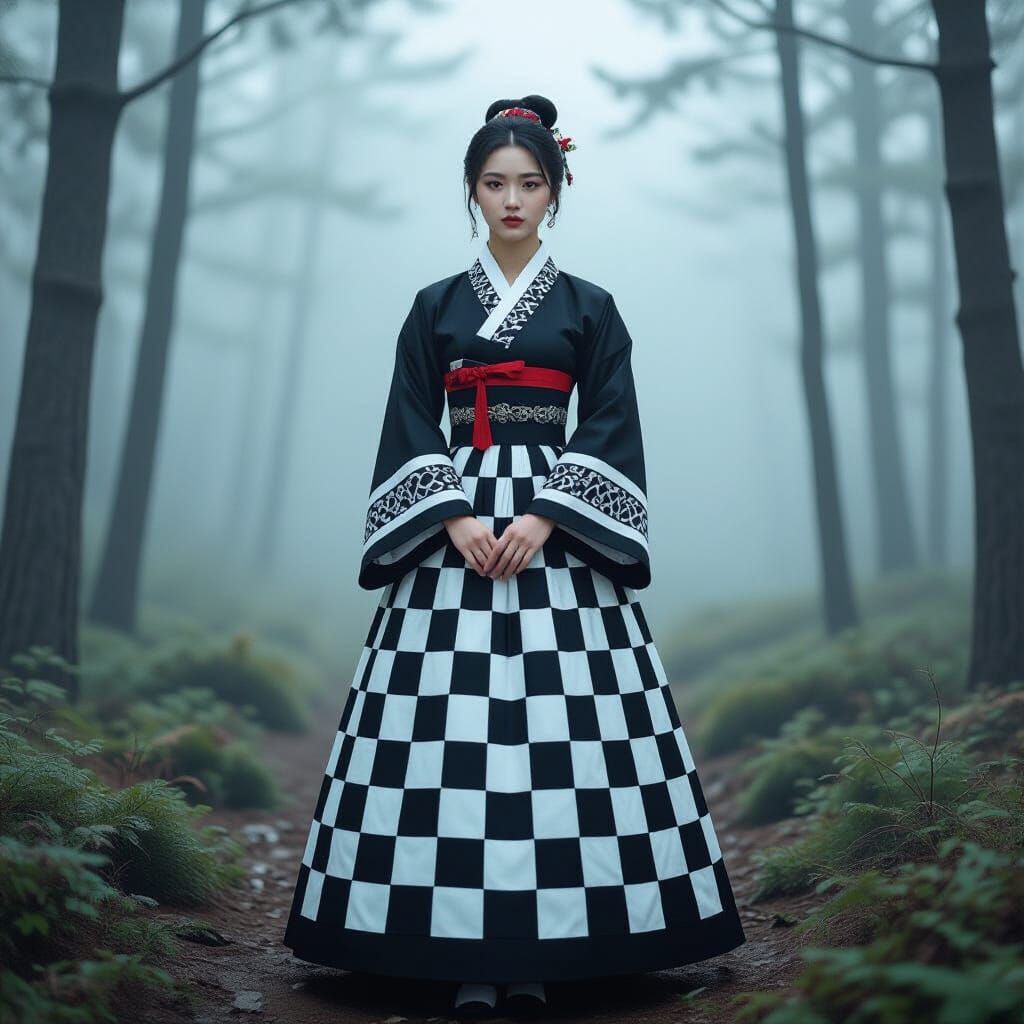 Korean Woman in Hanbok in Misty Forest