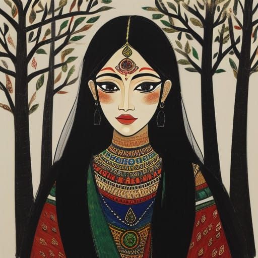 Enigmatic Figure Emerges from Foggy Forest in Vibrant Madhub...