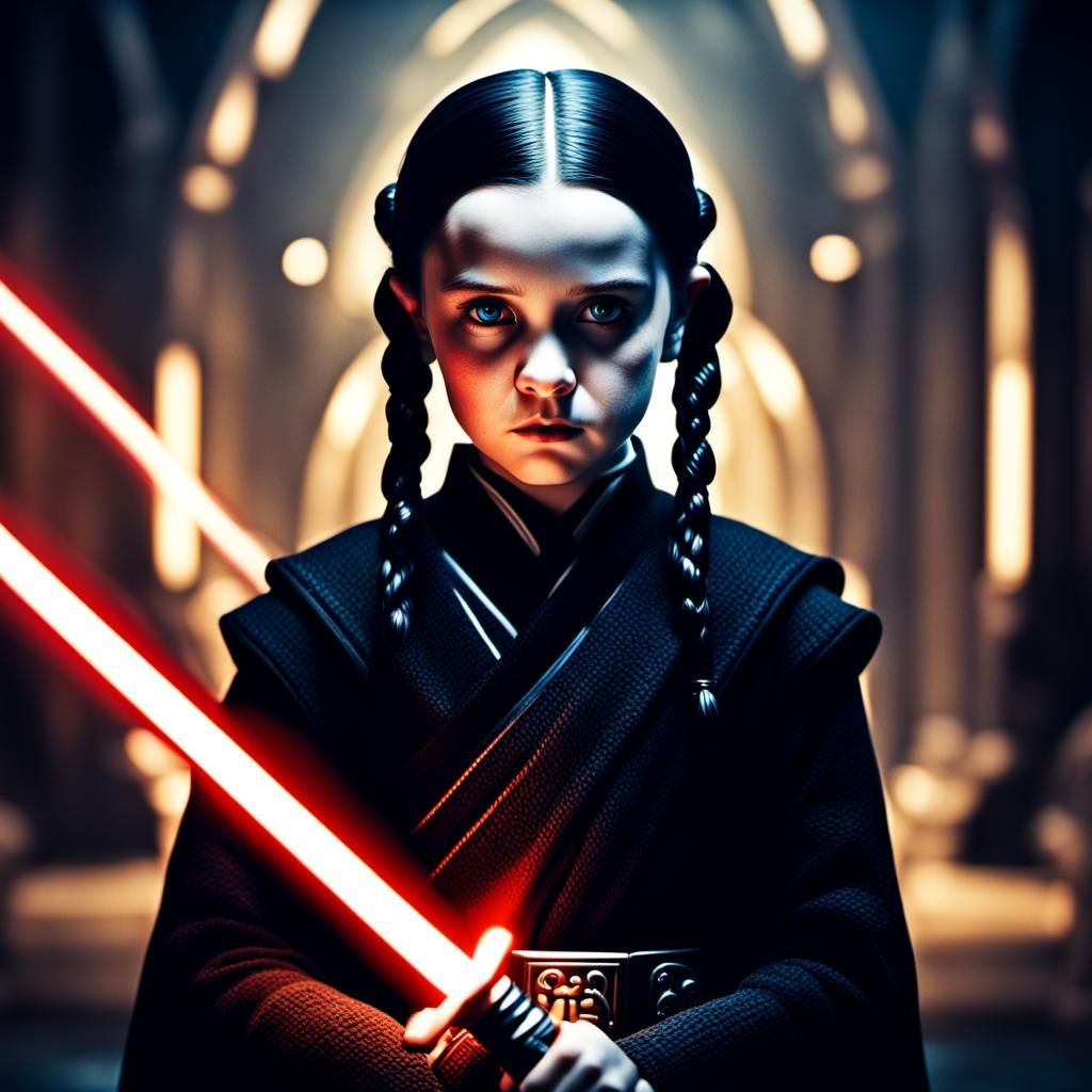 Jedi Wednesday Addams with Black Lightsaber