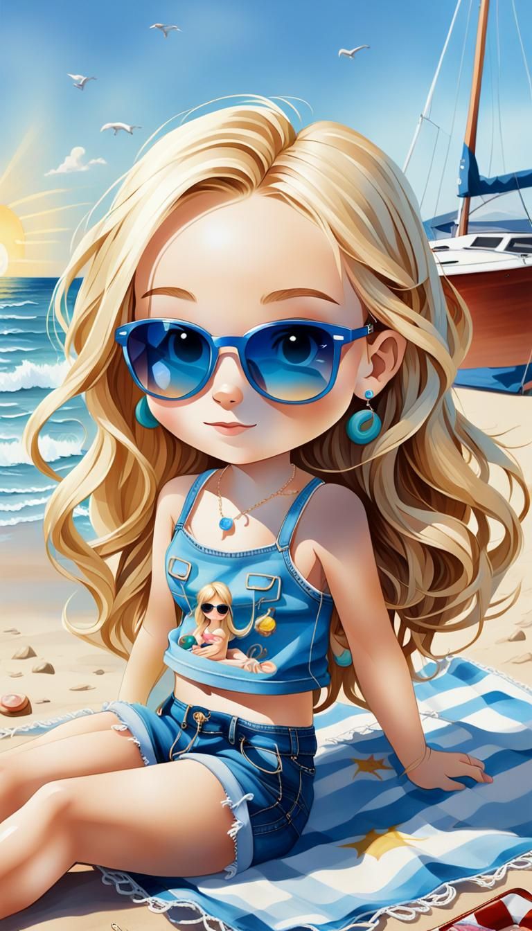 an air brushed oil painting of a little chibi girl sitting on the beach with long wavy blonde hair blue eyes wearing a c...