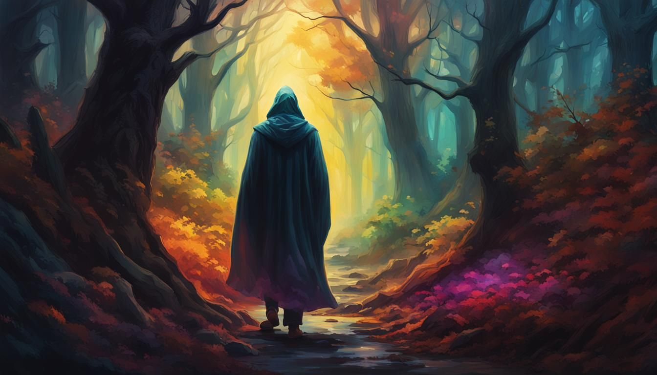 Mysterious Cloaked Figure in Dark Forest