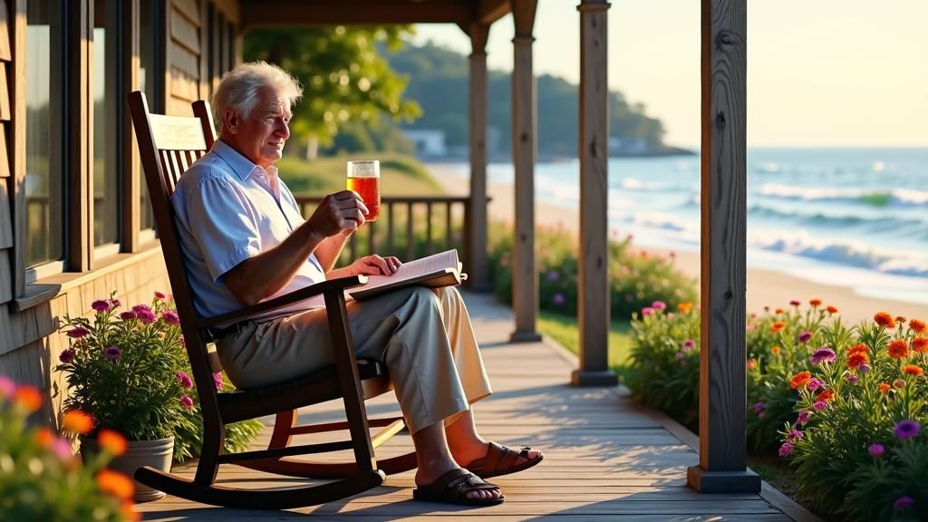 Oceanfront Cabin: Retired Man Enjoying Peaceful Afternoon