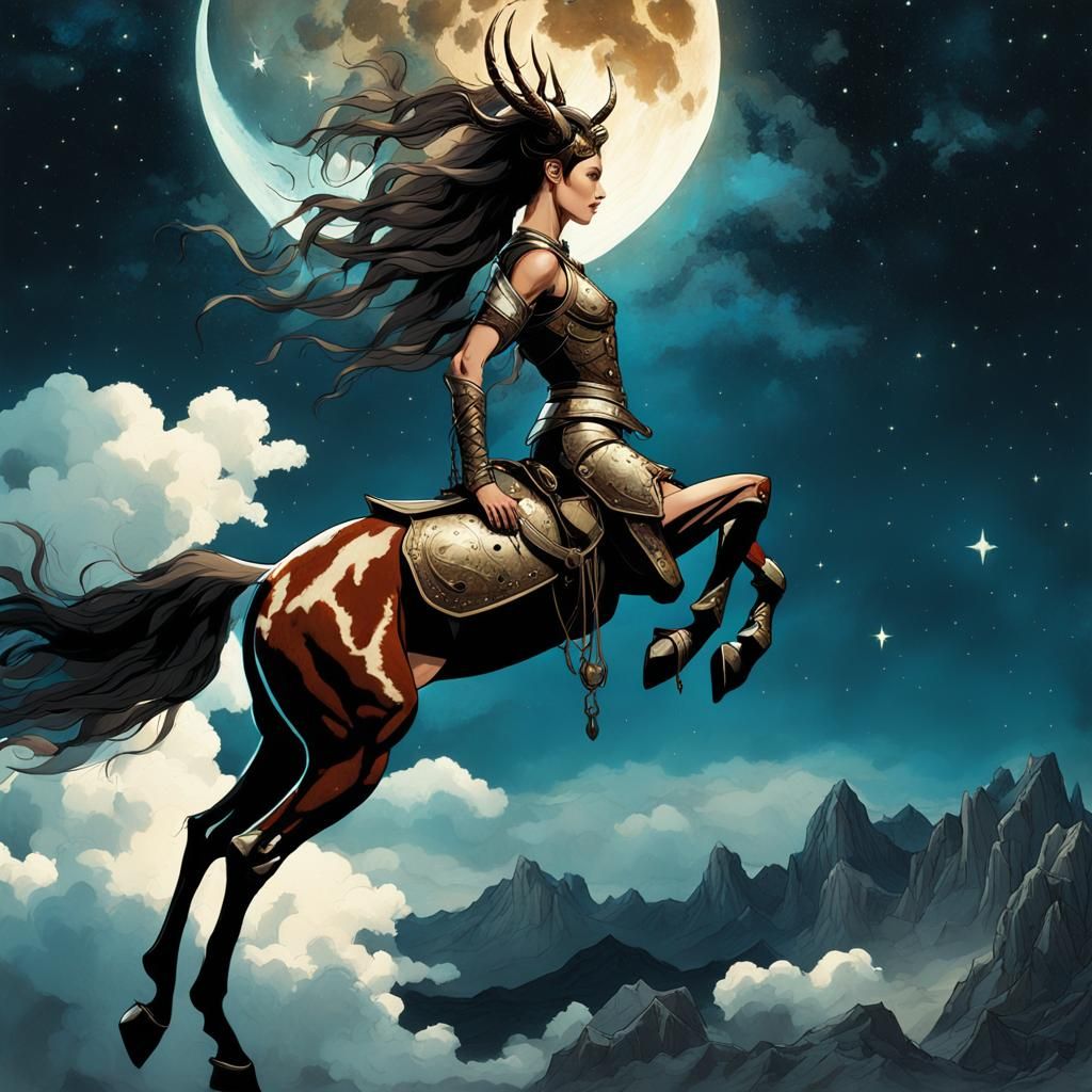 Female Centaur with Antlers in Dreamy Night Sky