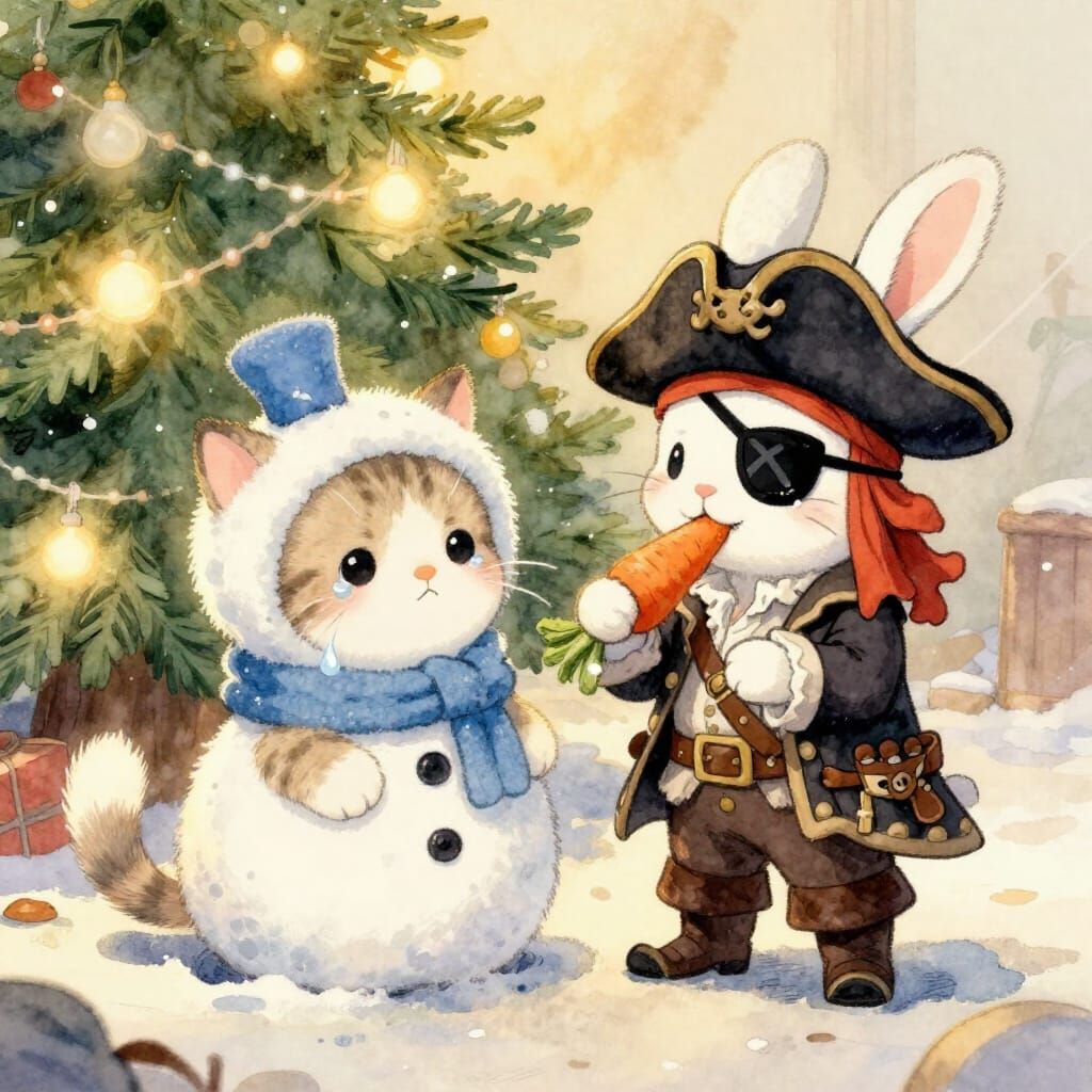 Adorable Kitten in Snowman Costume Cries Beside Pirate Rabbi...