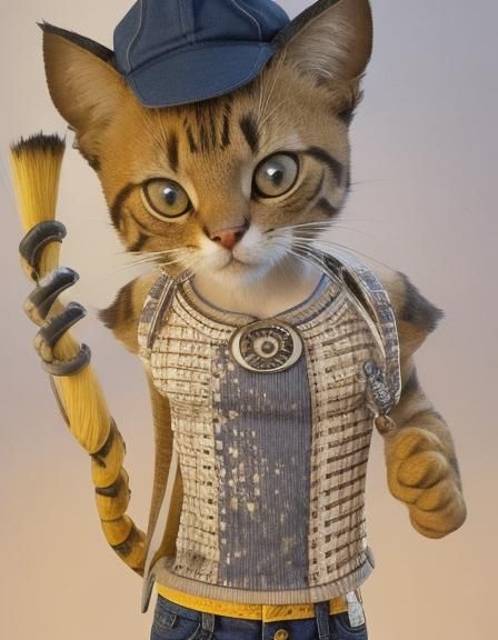 An anthropomorphic  male rusty spotted cat kitten wear a blu...