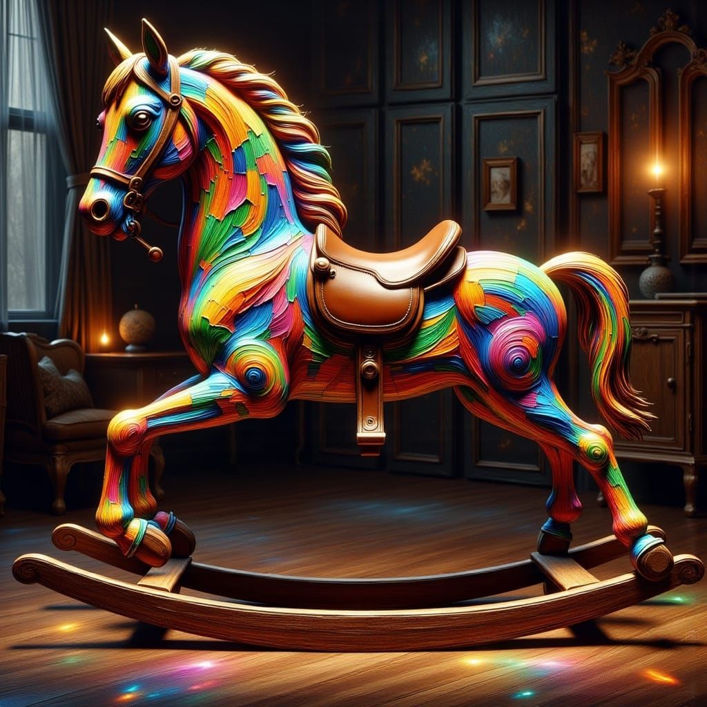 Surreal Stained Glass Rocking Horse in Muted Nursery