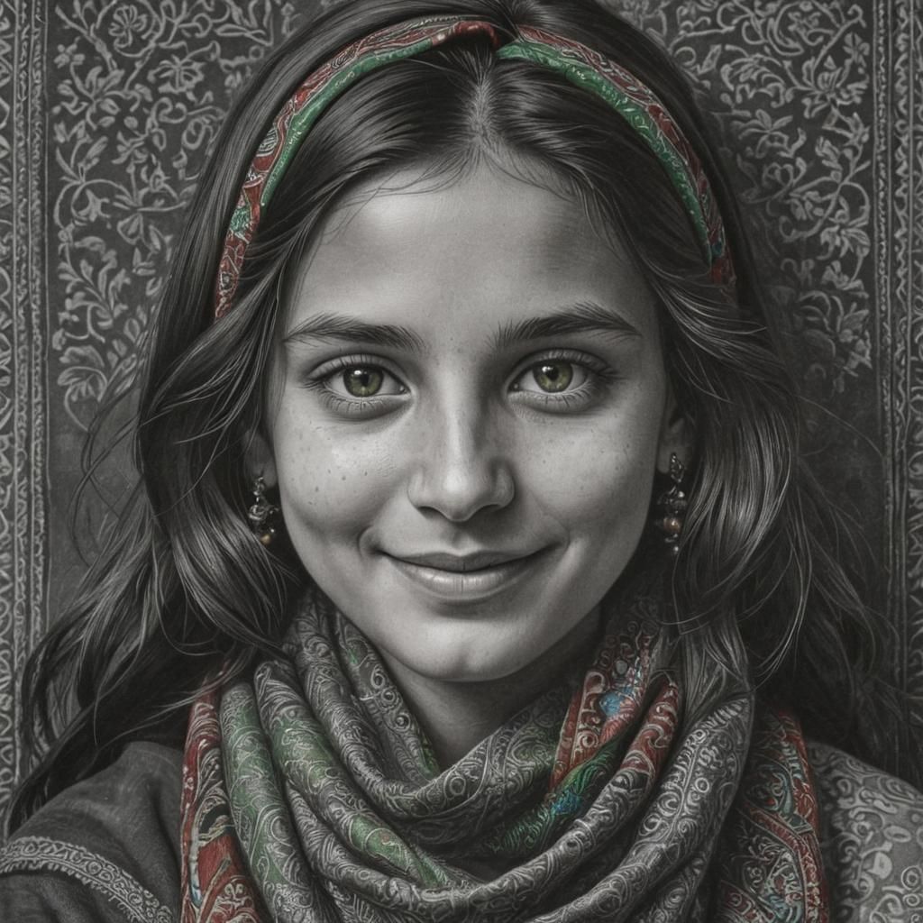 Afghan Girl Portrait in Charcoal Drawing Style