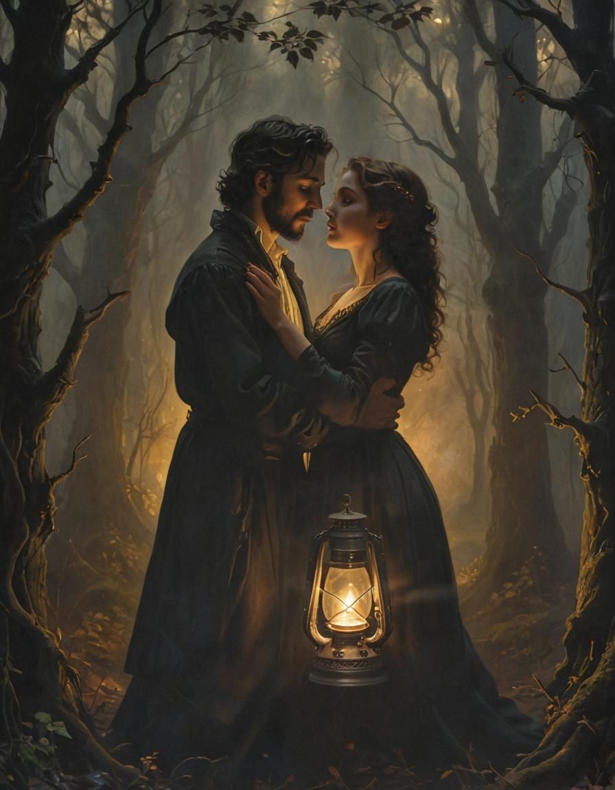 Romantic Embrace in Misty Forest: Gothic Oil Painting