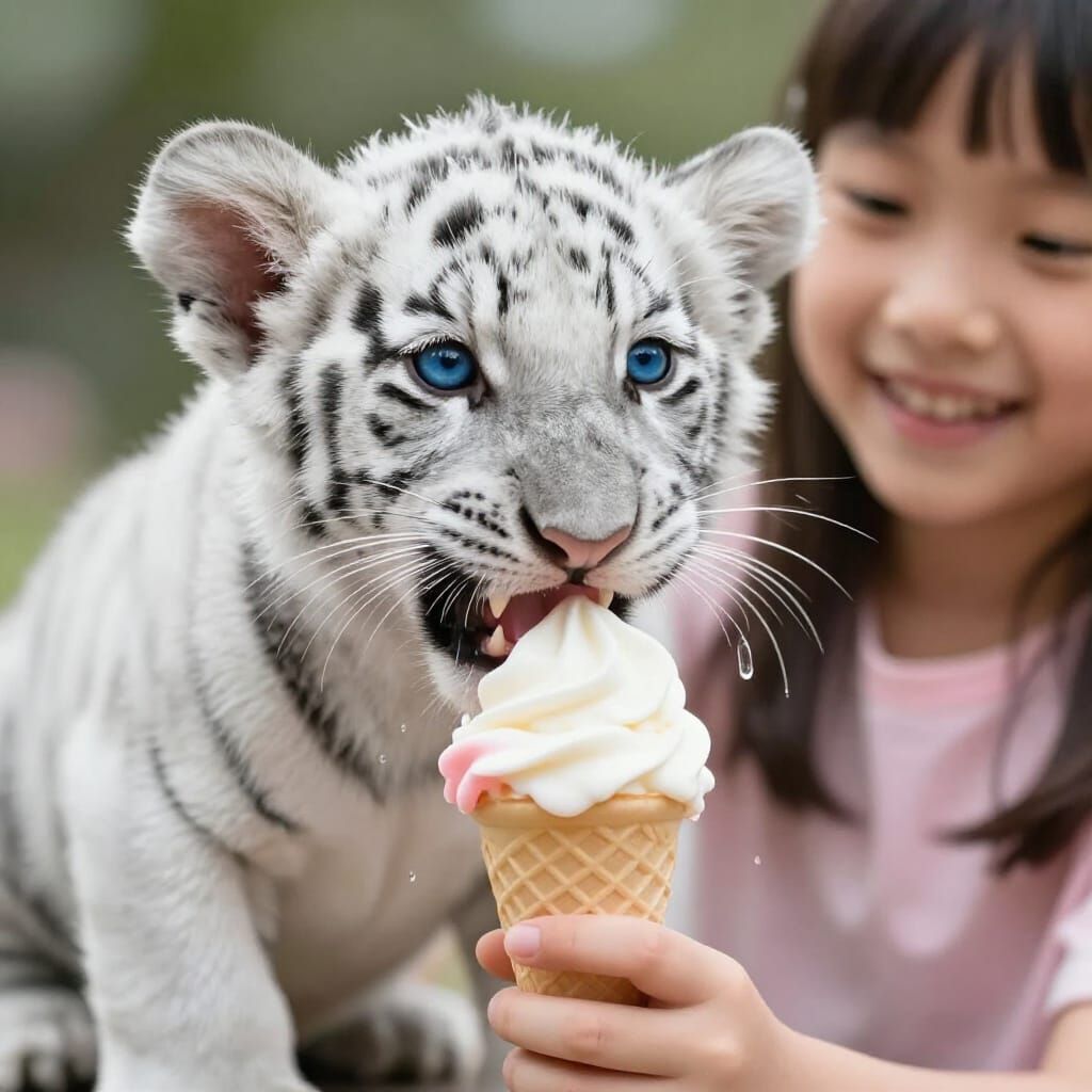 Silver Tiger Cub Bites Melting Ice Cream
