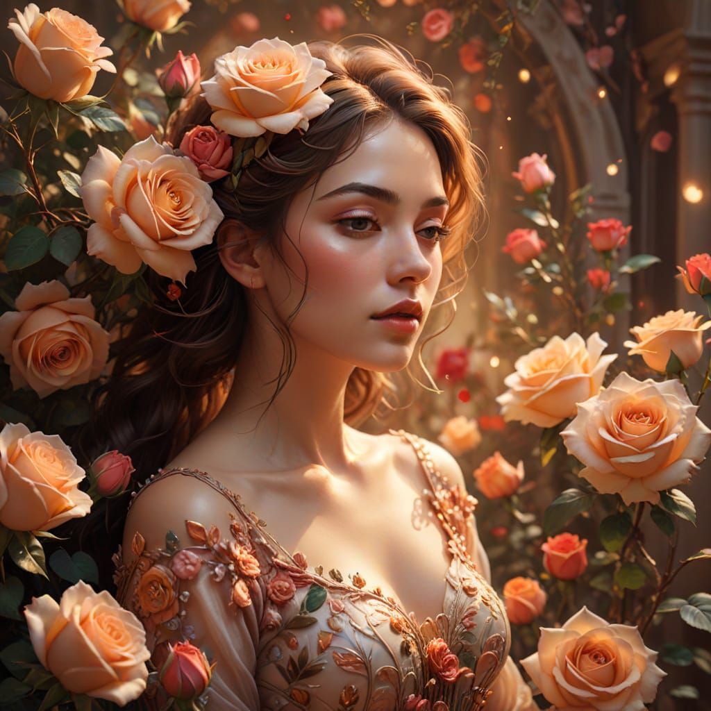 Surreal Woman Adorned with Roses in Ethereal Digital Art