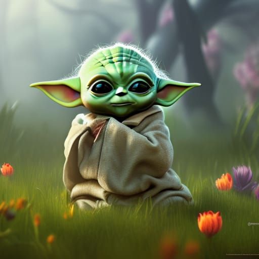 Baby Yoda in a Fantastical Flower Field