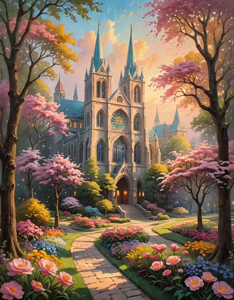 Impressionist Cathedral with Pink Buttercup Flower