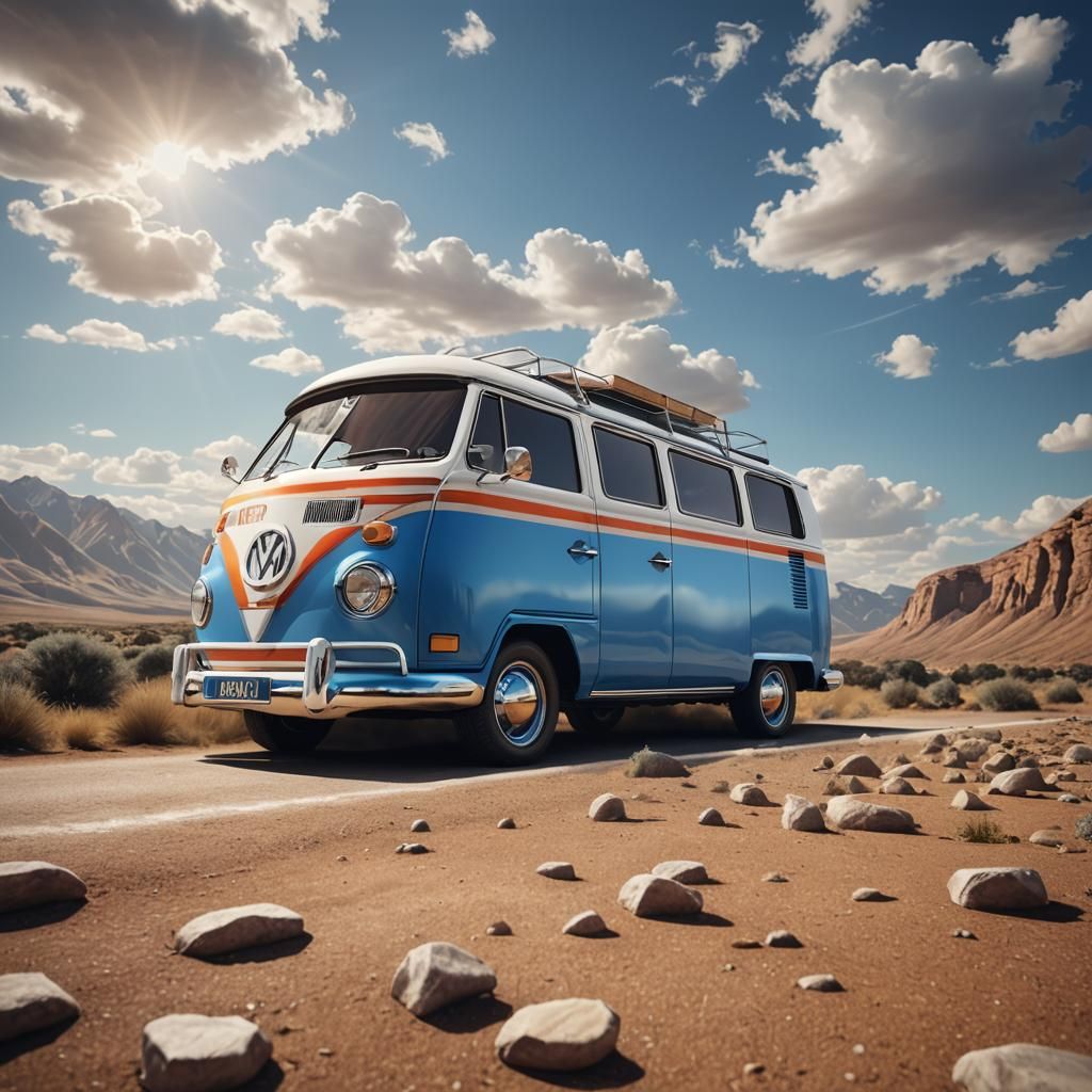 Vibrant Blue Striped Campervan in Matte Painting Style