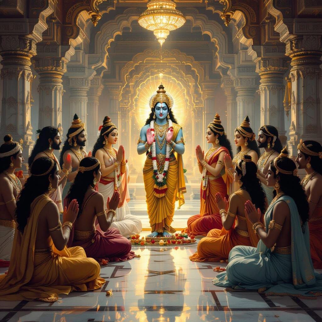 Vishnu Prayed to By Devas in Raja Ravi Varma Style