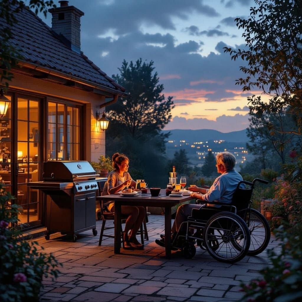 Family Outdoor Kitchen with Wheelchair User Enjoying Meal
