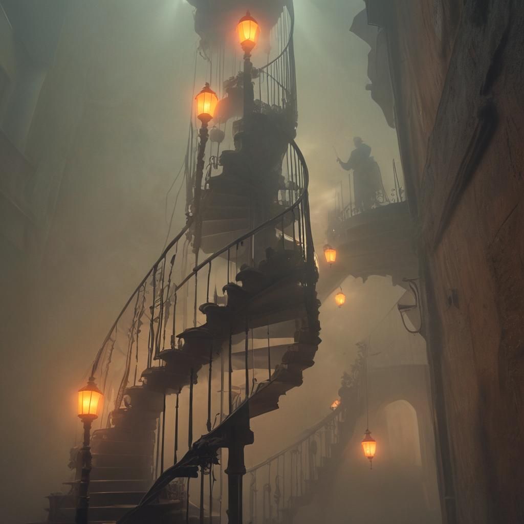 Mystical Staircase: Surreal Adventurers in Dreamlike Ascent