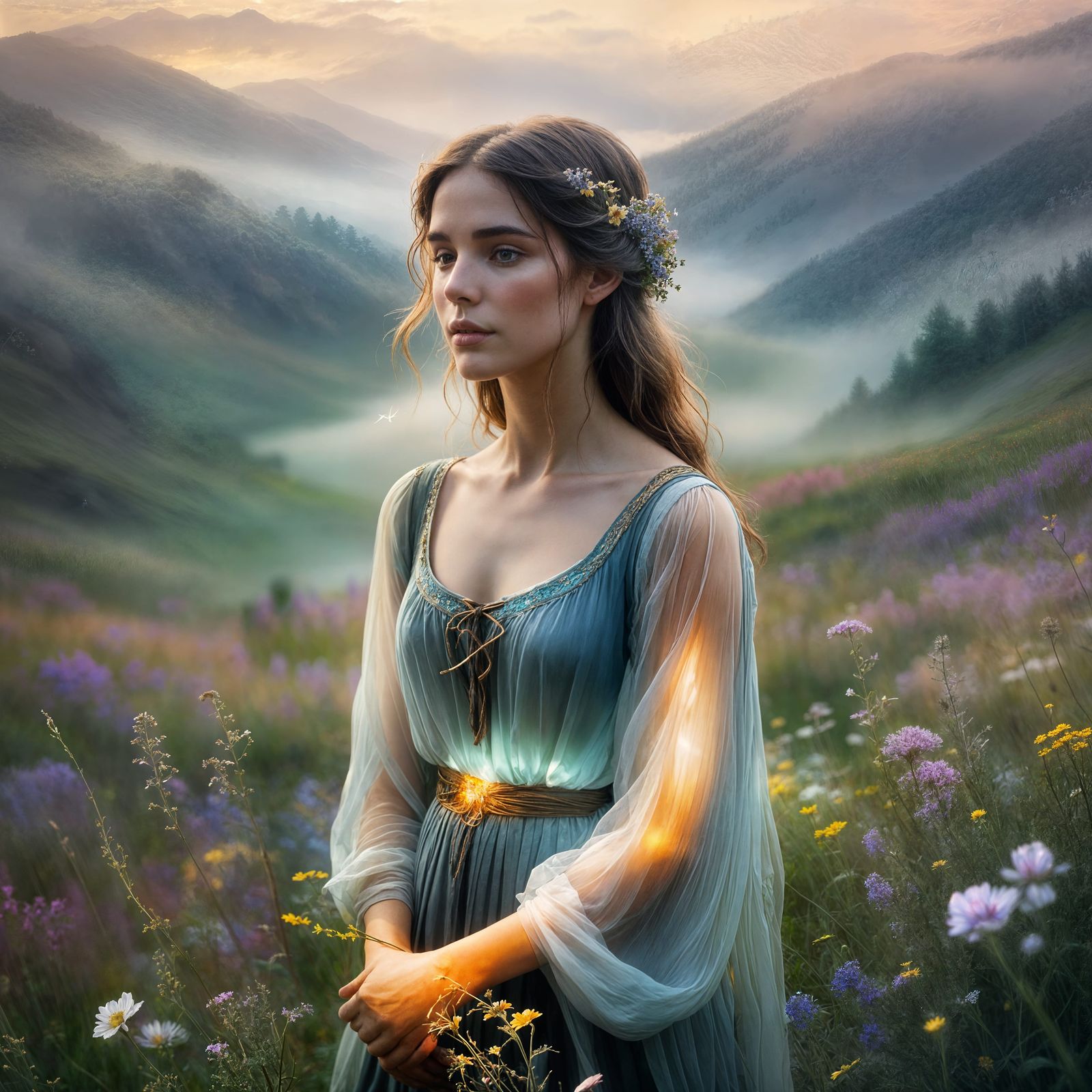 Serene Dreamscapes: Calm Contemplative Figure in Ethereal Ha...