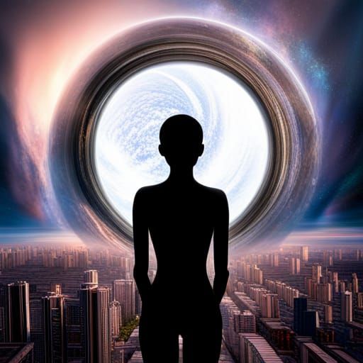 Futuristic Cityscape with Cosmic Vortex Portal