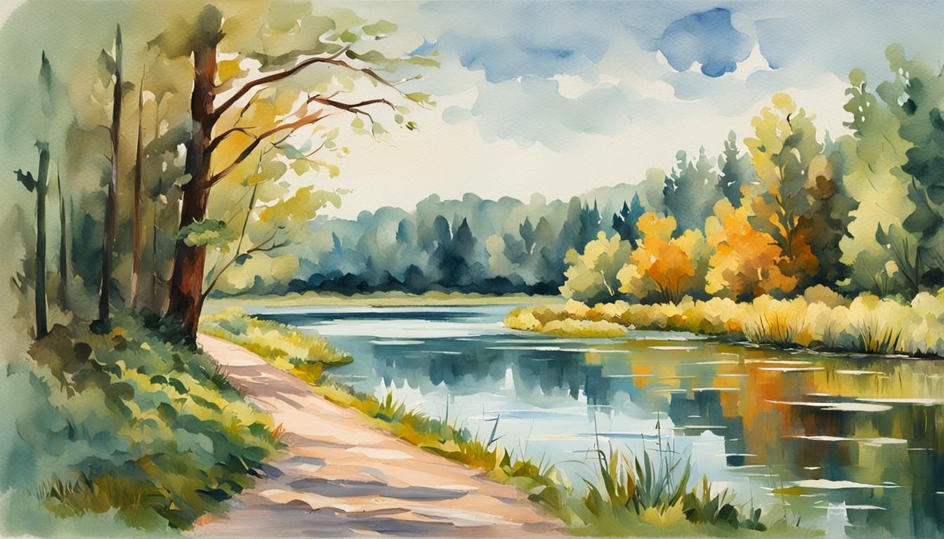 Lake Scene in Gouache and Watercolor Style