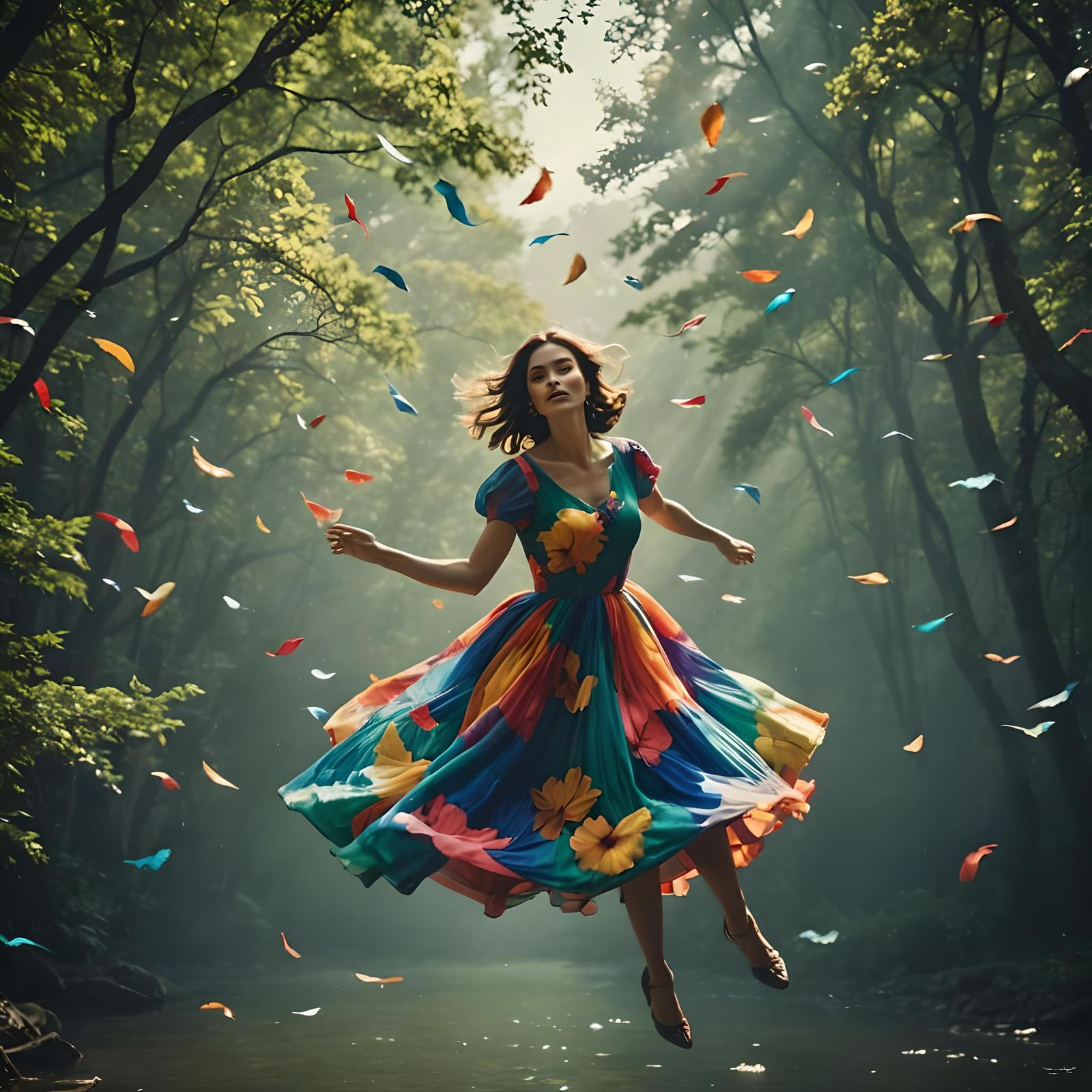 Girl in Colorful Dress Floats Away