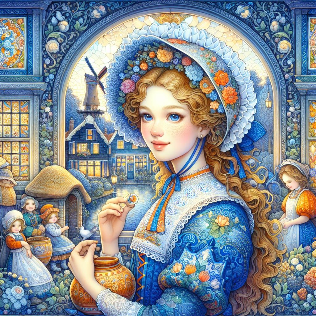 Dutch Girl in Folk Art Style, Digital Illustration